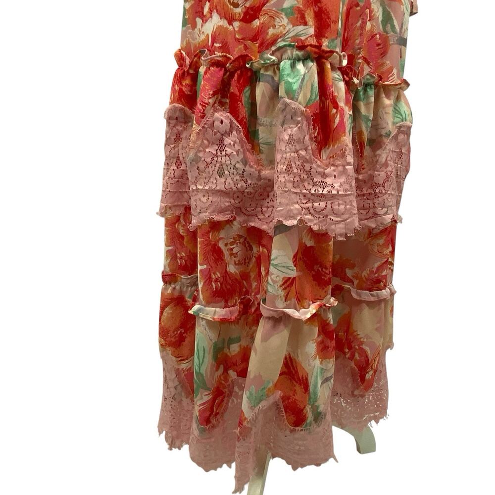 Champagne & Strawberry Maxi Dress Small Off Shoulder Pink Floral Chiffon Peasant - Picture 7 of 16